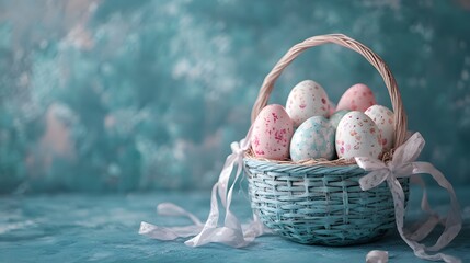 A charming Easter basket filled with beautifully decorated eggs, evoking a joyful and festive spring atmosphere.