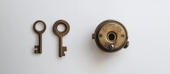 Obraz premium Two antique keys and a vintage keyhole lock on white background.