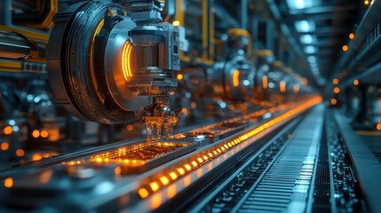Fototapeta premium Futuristic Factory Assembly Line: Advanced Robotics and Automation in Manufacturing