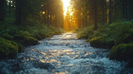 Fototapeta premium Sunlit Forest Stream at Golden Hour Peaceful Nature Scene