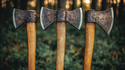Three weathered double-bit axes standing upright outdoors.