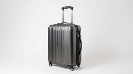 Dark gray carry-on suitcase with wheels and handle on white background.