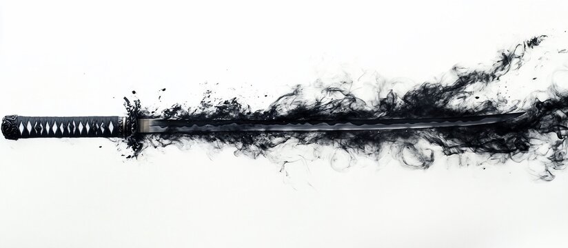 Katana sword with dark smoke effect on white background.