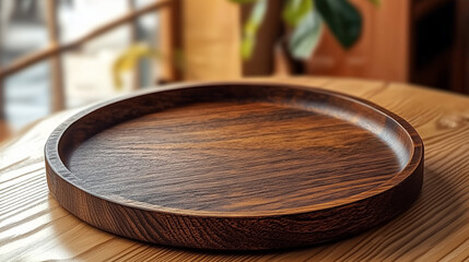 Obraz premium Empty wooden plate on a table in a minimalist tea room with blurred green plants visible through the window. Brown tones and simple design create a calming and natural atmosphere, ideal for showcasing