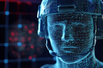 Futuristic soldier with digital interface in a high-tech environment at night