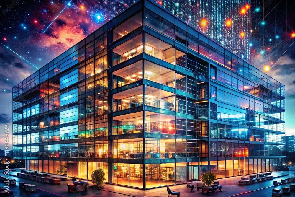 Poster abstract coding sketch multi-exposure on blurred modern office building at night - ai & neural netwo