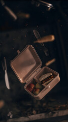 Lunchbox floating above a dark surface with utensils and food in a creative setup