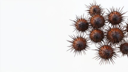 Obraz premium Close-up of prickly brown seed pods on white background.