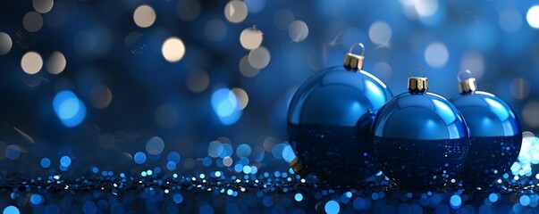Three blue Christmas ornaments on a blue background