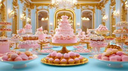 A lavish display of pink pastries and cakes in an opulent setting, featuring ornate decorations and a luxurious atmosphere.