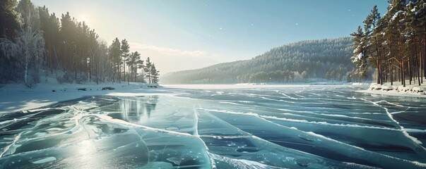 A frozen lake with a reflection of the sky