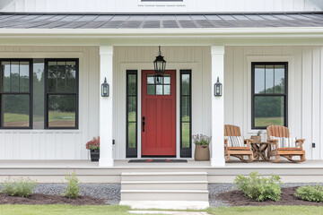 A front door detail of a white modern farmhouse with a red front door, black light fixtures, and a covered porch with white pillars. 