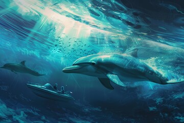 Naklejka premium Artistic Interpretation of a Scientific Experiment: Dolphins and Sunlight Beneath the Oceans Surface, An artistic interpretation of a scientific experiment studying