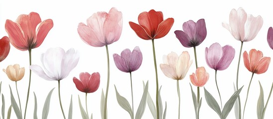 Soft watercolor tulips in various pastel colors on white background.
