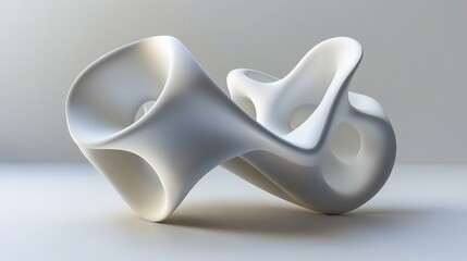 Abstract white sculptural form with smooth curves and interlinked openings against a light grey background.