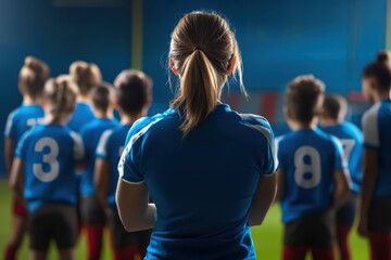 Fototapeta premium Team practice begins under bright lights in indoor sports facility with focused young athletes