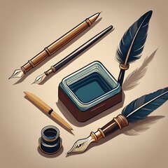 Flat design of a fountain pen, inkwell, and calligraphy brush.