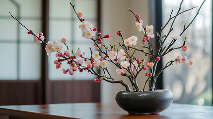 A festive arrangement of plum blossoms or other traditional flowers 