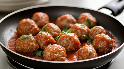 Cooked meatballs in a frying pan with herbs and sauce ready for serving