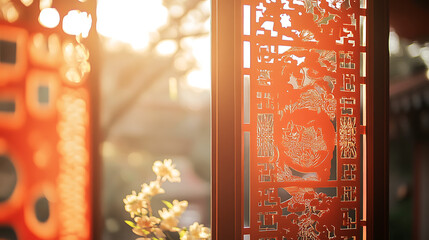 Decorations of paper cuttings with traditional Chinese patterns on a window 
