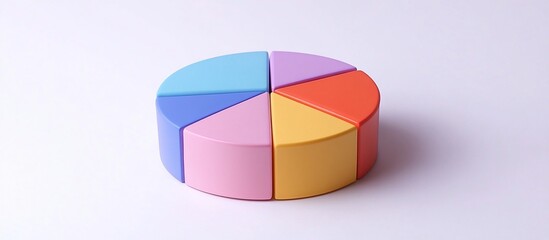 Obraz premium Colorful 3D pie chart divided into six segments on white background.