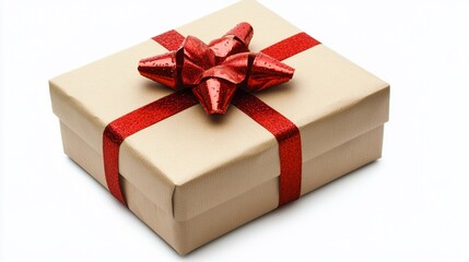Beige gift box with red ribbon and bow, isolated on white background.