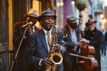 A traditional jazz band plays lively music on a New Orleans street, with a saxophone player in the foreground, Traditional jazz bands playing lively music on every corner