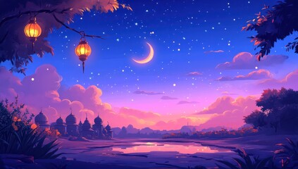 Fototapeta premium Serene Night Scene: Crescent Moon, Starry Sky, and Illuminated Mosques