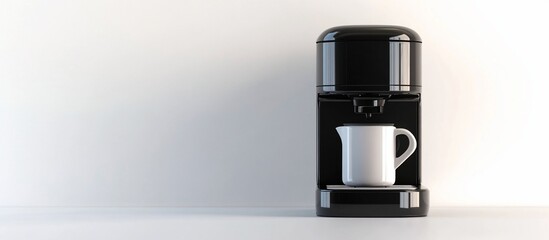 Black coffee maker brewing coffee into a white mug.