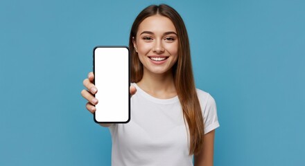 Happy young gen z Latin girl shopper girl student holding smartphone using mobile cell phone showing big mockup screen advertising new sale app promo on cellphone app isolated on blue background.

