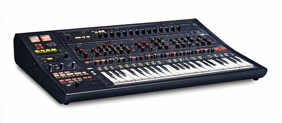 Analog synthesizer with keyboard and numerous knobs and sliders.