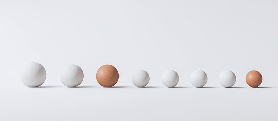 Row of white and brown eggs on white background.