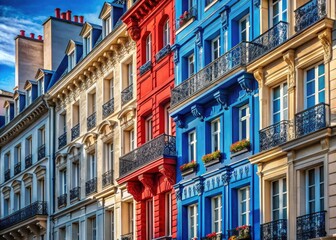 Naklejka premium Architectural photography reveals Parisian buildings' vibrant French flag-inspired facades, a tricolore tapestry.