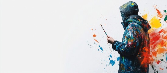 Back view of a painter covered in paint splatters, holding a paintbrush against a white background.