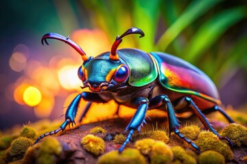 Fototapeta premium A tilt-shift effect transforms this stag beetle into a tiny, detailed marvel of nature's artistry.