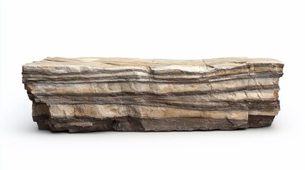 Fototapeta premium Raw, rectangular stone slab with visible layers isolated on white background.