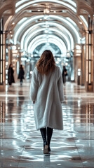 A wealthy woman in a high-end fur coat strolls through a designer shopping mall, surrounded by luxury brands, exuding elegance and sophistication in a glamorous shopping environment