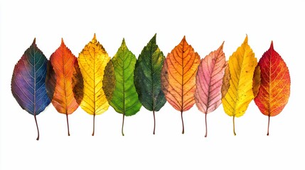 Colorful autumn leaves arranged in a row on white background.