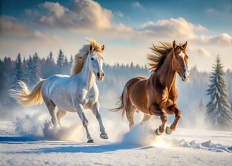 Obraz premium Breathtaking equestrian photography captures two horses' winter gallop, a majestic snowy spectacle.