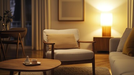 Modern living room with mid-century armchair, wooden coffee table, neutral tones, and decorative cushions..