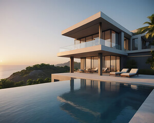Fototapeta premium luxury hotel pool at sunset