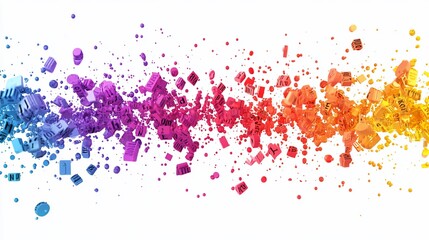 Fototapeta premium Colorful exploding cubes forming a vibrant wave on white background.
