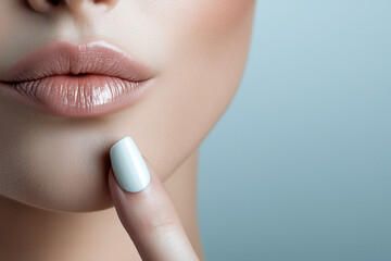 Close-up of glossy lips with soft nude makeup and a manicured finger touching the chin, elegant and sensual.
