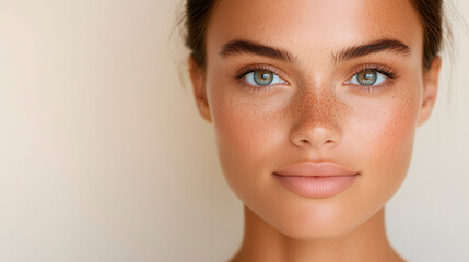 Obraz premium Close-up portrait of a young beautiful woman with freckles, glowing skin, blue eyes, and natural makeup against a soft background.