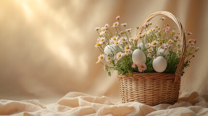 A serene Easter basket filled with white eggs and cheerful flowers, embodying the joy and renewal of spring.