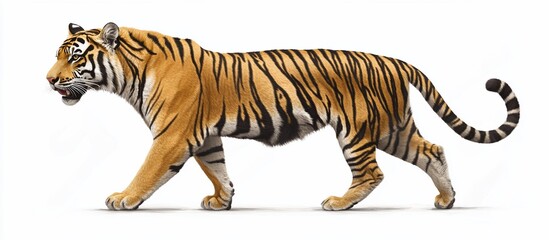 Side profile of a walking tiger isolated on white background.