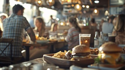 A group of people are sitting at tables in a restaurant