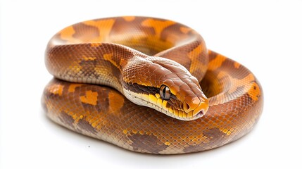 Obraz premium Orange and brown python coiled on white background.