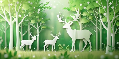 Serene forest scene with three majestic deer depicted in a paper-cut style, nestled amidst lush green trees and soft, dappled sunlight. © Kukar Studio