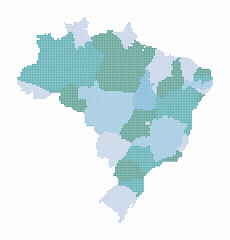 Obraz premium Brazil dotted map. Digital style map of the country on white background. Brazil shape with circle dots. Colored dots style. Small size circles. Abstract vector illustration.